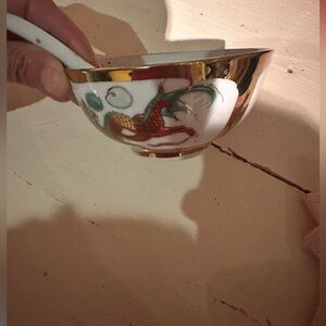 Hand Painted Vintage Japanese Dragon Rice Bowl With Spoon